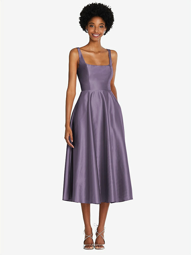 【STYLE: TH092】Square Neck Full Skirt Satin Midi Dress with Pockets【COLOR: Lavender】