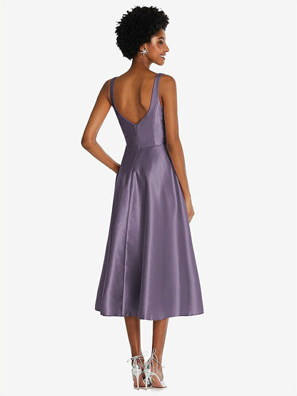 【STYLE: TH092】Square Neck Full Skirt Satin Midi Dress with Pockets【COLOR: Lavender】