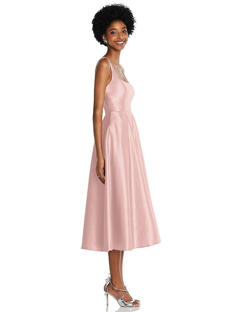 【STYLE: TH092】Square Neck Full Skirt Satin Midi Dress with Pockets【COLOR: Rose - PANTONE Rose Quartz】