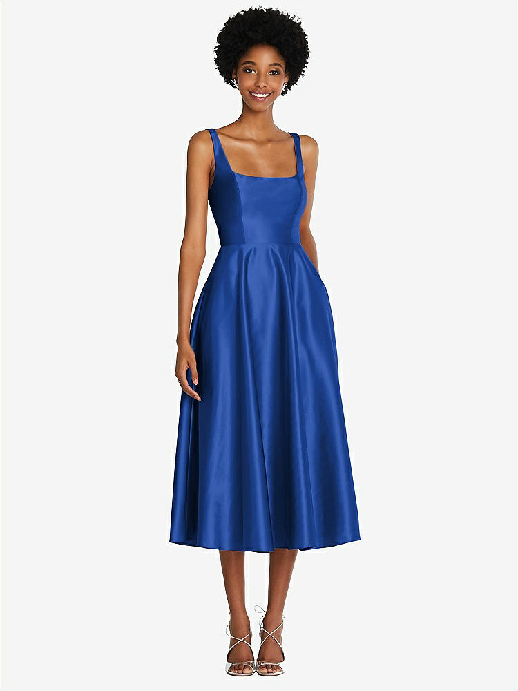 【STYLE: TH092】Square Neck Full Skirt Satin Midi Dress with Pockets【COLOR: Sapphire】