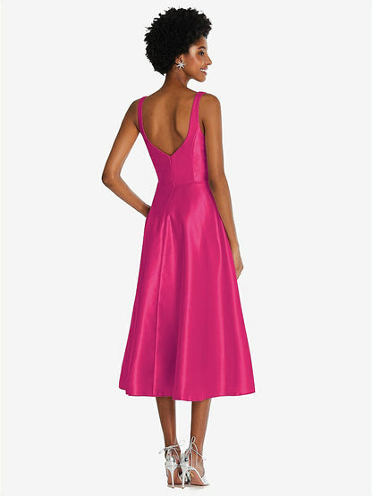 【STYLE: TH092】Square Neck Full Skirt Satin Midi Dress with Pockets【COLOR: Think Pink】