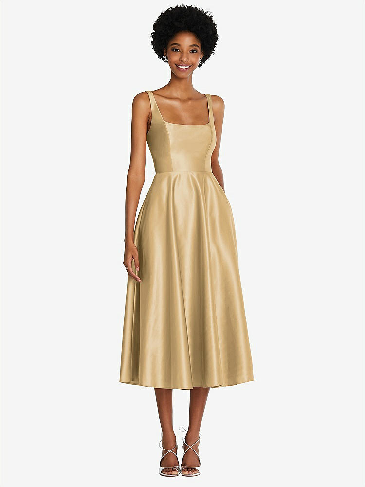 【STYLE: TH092】Square Neck Full Skirt Satin Midi Dress with Pockets【COLOR: Venetian Gold】