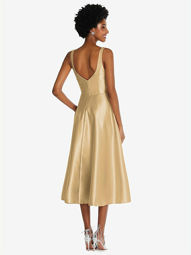 【STYLE: TH092】Square Neck Full Skirt Satin Midi Dress with Pockets【COLOR: Venetian Gold】