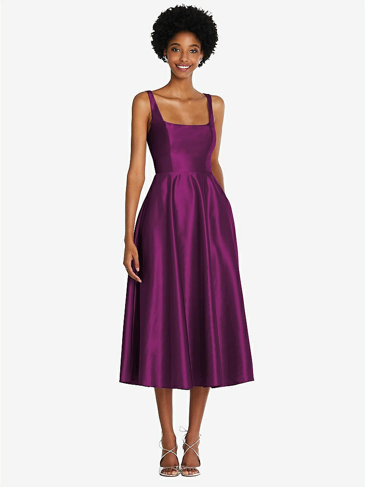 【STYLE: TH092】Square Neck Full Skirt Satin Midi Dress with Pockets【COLOR: Wild Berry】