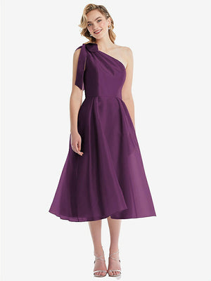 【STYLE: D835】Scarf-Tie One-Shoulder Organdy Midi Dress 【COLOR: Aubergine】
