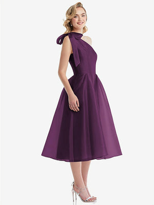 【STYLE: D835】Scarf-Tie One-Shoulder Organdy Midi Dress 【COLOR: Aubergine】