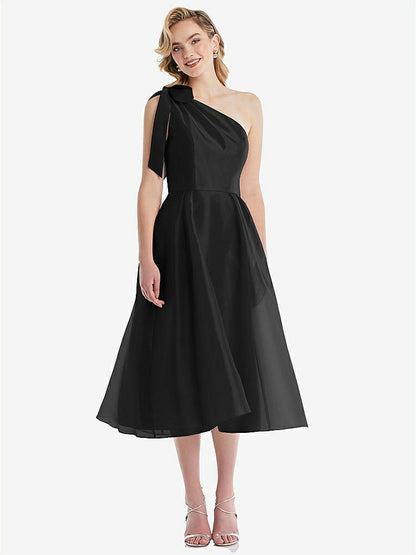 【STYLE: D835】Scarf-Tie One-Shoulder Organdy Midi Dress 【COLOR: Black】