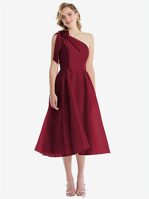 【STYLE: D835】Scarf-Tie One-Shoulder Organdy Midi Dress 【COLOR: Burgundy】