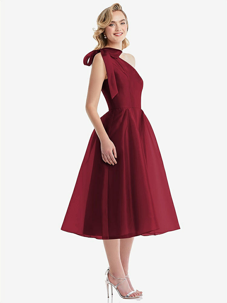 【STYLE: D835】Scarf-Tie One-Shoulder Organdy Midi Dress 【COLOR: Claret】