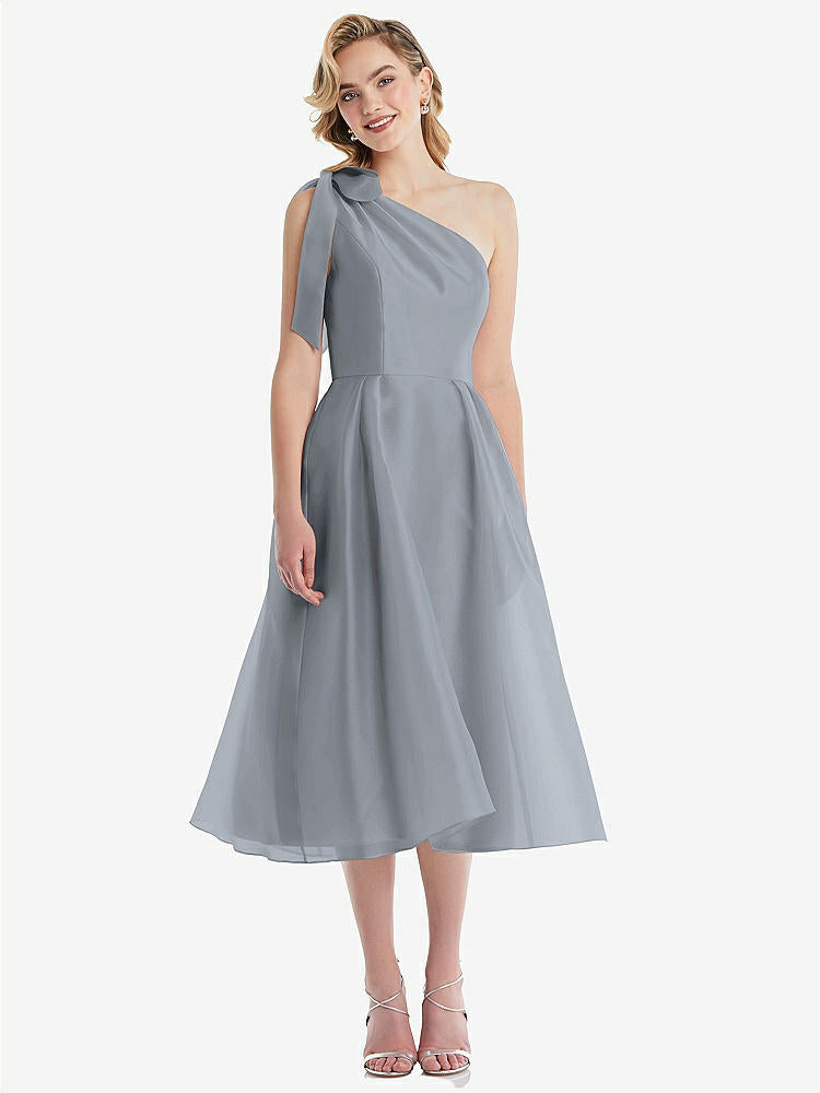 【STYLE: D835】Scarf-Tie One-Shoulder Organdy Midi Dress 【COLOR: Platinum】
