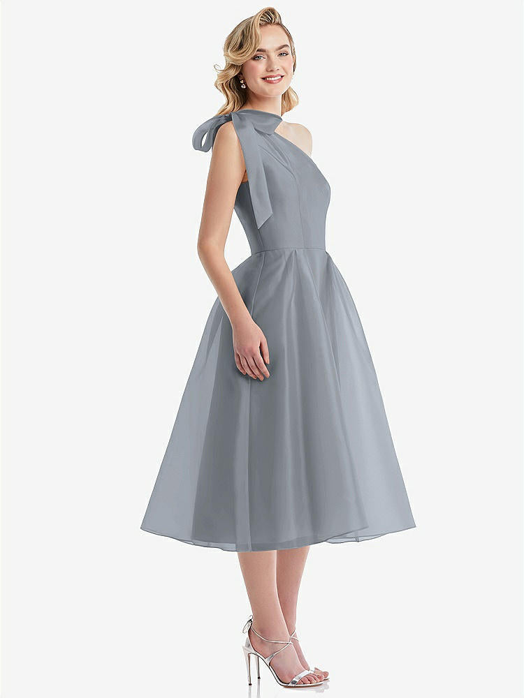【STYLE: D835】Scarf-Tie One-Shoulder Organdy Midi Dress 【COLOR: Platinum】