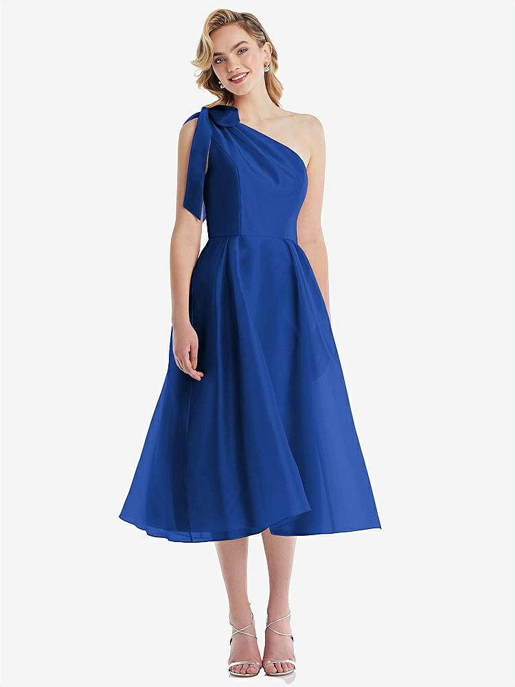 【STYLE: D835】Scarf-Tie One-Shoulder Organdy Midi Dress 【COLOR: Sapphire】