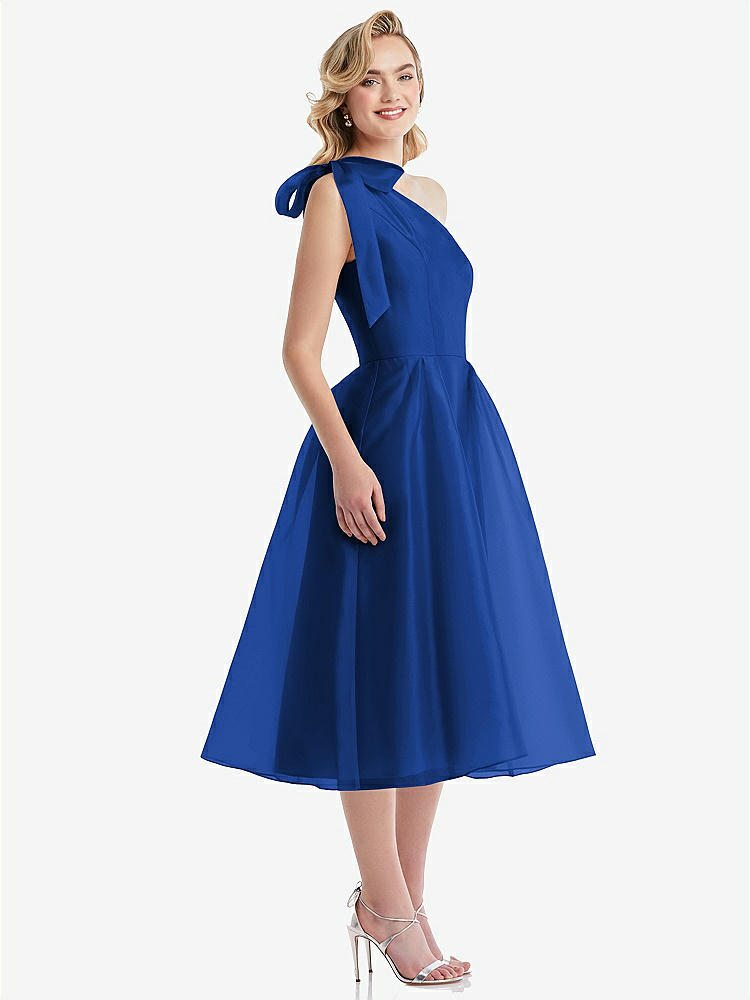 【STYLE: D835】Scarf-Tie One-Shoulder Organdy Midi Dress 【COLOR: Sapphire】