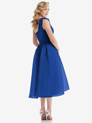 【STYLE: D835】Scarf-Tie One-Shoulder Organdy Midi Dress 【COLOR: Sapphire】