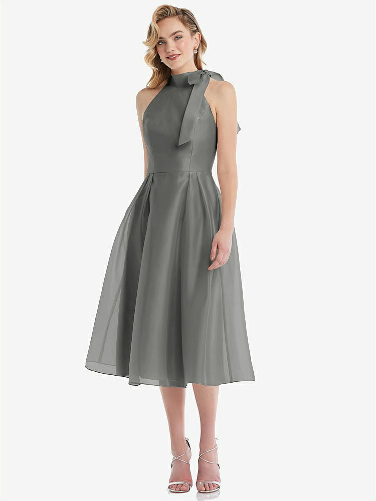 【NEW】【STYLE: D833】スカーフタイ ハイネック ホルター オルガンディ ミディ ドレス【COLOR: Charcoal Gray】【SIZE: 00-30W】