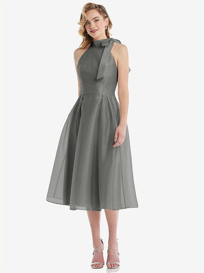 【STYLE: D833】Scarf-Tie High-Neck Halter Organdy Midi Dress【COLOR: Charcoal Gray】