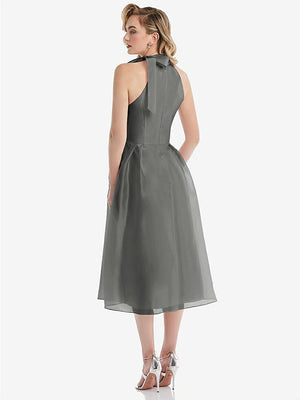 【STYLE: D833】Scarf-Tie High-Neck Halter Organdy Midi Dress【COLOR: Charcoal Gray】