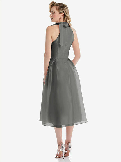 【STYLE: D833】Scarf-Tie High-Neck Halter Organdy Midi Dress【COLOR: Charcoal Gray】
