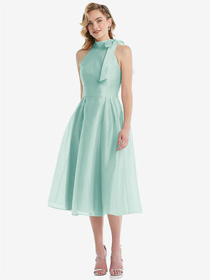 【STYLE: D833】Scarf-Tie High-Neck Halter Organdy Midi Dress【COLOR: Coastal】