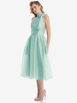 【STYLE: D833】Scarf-Tie High-Neck Halter Organdy Midi Dress【COLOR: Coastal】