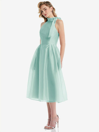 【STYLE: D833】Scarf-Tie High-Neck Halter Organdy Midi Dress【COLOR: Coastal】