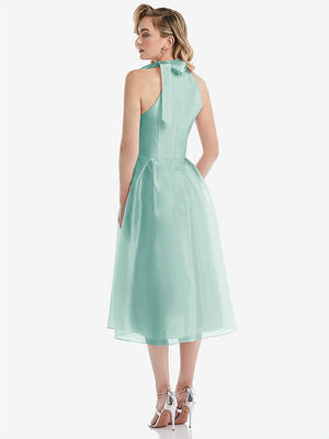 【STYLE: D833】Scarf-Tie High-Neck Halter Organdy Midi Dress【COLOR: Coastal】