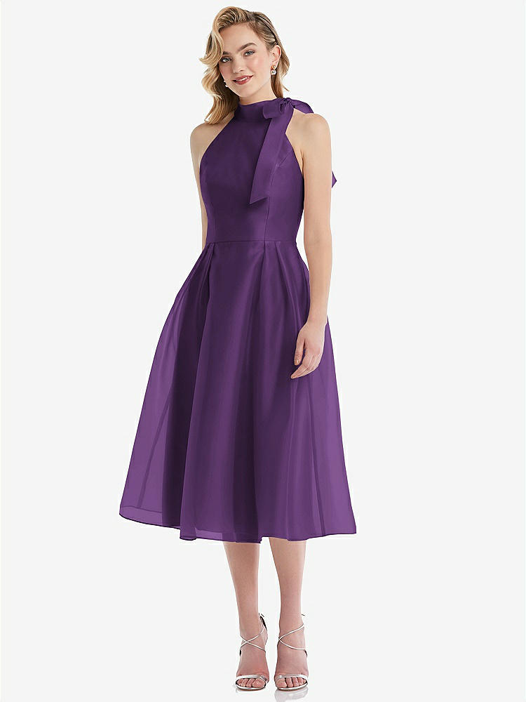 【STYLE: D833】Scarf-Tie High-Neck Halter Organdy Midi Dress【COLOR: Majestic】