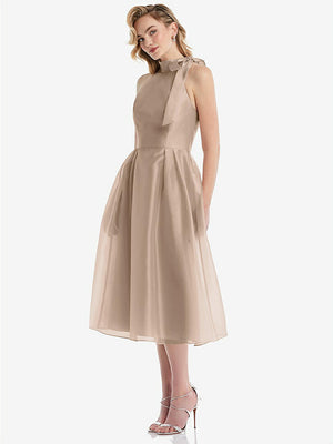 【STYLE: D833】Scarf-Tie High-Neck Halter Organdy Midi Dress【COLOR: Topaz】