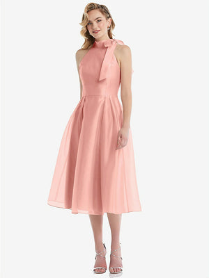【STYLE: D833】Scarf-Tie High-Neck Halter Organdy Midi Dress【COLOR: Apricot】