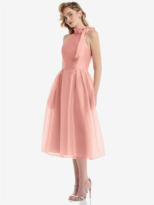 【STYLE: D833】Scarf-Tie High-Neck Halter Organdy Midi Dress【COLOR: Apricot】