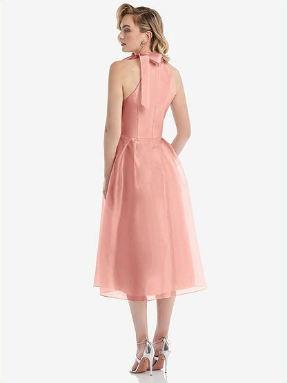 【STYLE: D833】Scarf-Tie High-Neck Halter Organdy Midi Dress【COLOR: Apricot】