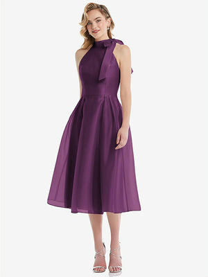 【STYLE: D833】Scarf-Tie High-Neck Halter Organdy Midi Dress【COLOR: Aubergine】