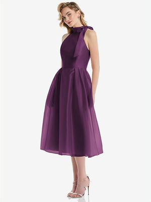 【STYLE: D833】Scarf-Tie High-Neck Halter Organdy Midi Dress【COLOR: Aubergine】