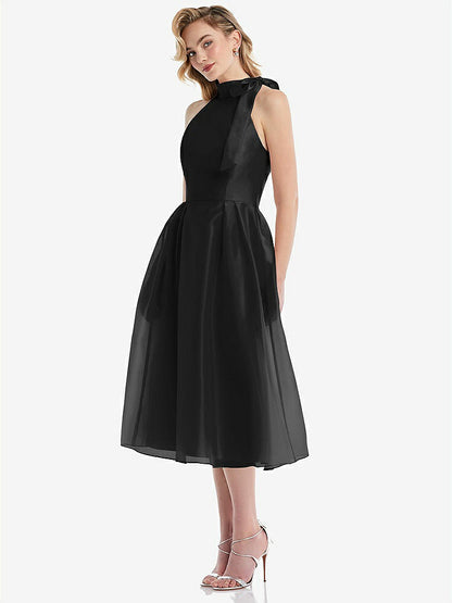 【NEW】【STYLE: D833】スカーフタイ ハイネック ホルター オルガンディ ミディ ドレス【COLOR: Black】【SIZE: 00-30W】