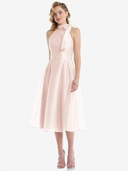 【STYLE: D833】Scarf-Tie High-Neck Halter Organdy Midi Dress【COLOR: Blush】