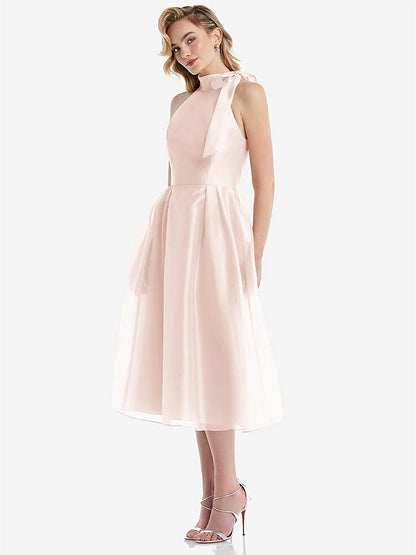 【STYLE: D833】Scarf-Tie High-Neck Halter Organdy Midi Dress【COLOR: Blush】