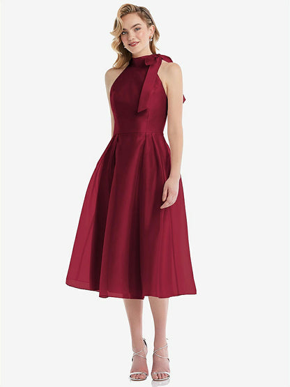 【NEW】【STYLE: D833】スカーフタイ ハイネック ホルター オルガンディ ミディ ドレス【COLOR: Burgundy】【SIZE: 00-30W】
