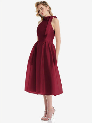 【STYLE: D833】Scarf-Tie High-Neck Halter Organdy Midi Dress【COLOR: Burgundy】