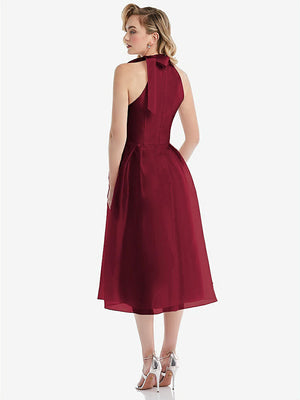 【STYLE: D833】Scarf-Tie High-Neck Halter Organdy Midi Dress【COLOR: Burgundy】