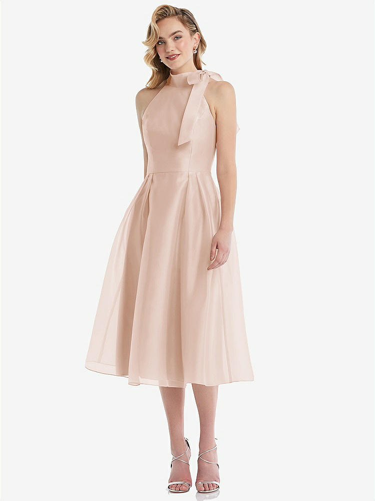 【STYLE: D833】Scarf-Tie High-Neck Halter Organdy Midi Dress【COLOR: Cameo】