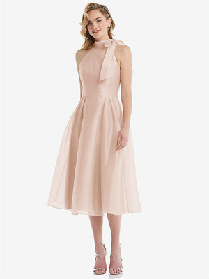 【STYLE: D833】Scarf-Tie High-Neck Halter Organdy Midi Dress【COLOR: Cameo】