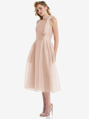 【STYLE: D833】Scarf-Tie High-Neck Halter Organdy Midi Dress【COLOR: Cameo】