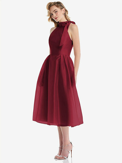 【NEW】【STYLE: D833】スカーフタイ ハイネック ホルター オルガンディ ミディ ドレス【COLOR: Claret】【SIZE: 00-30W】