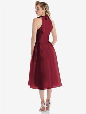 【STYLE: D833】Scarf-Tie High-Neck Halter Organdy Midi Dress【COLOR: Claret】