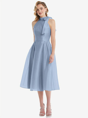 【STYLE: D833】Scarf-Tie High-Neck Halter Organdy Midi Dress【COLOR: Cloudy】