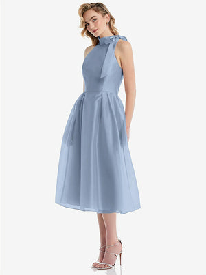 【STYLE: D833】Scarf-Tie High-Neck Halter Organdy Midi Dress【COLOR: Cloudy】