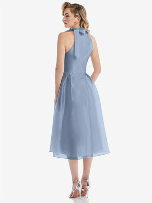 【STYLE: D833】Scarf-Tie High-Neck Halter Organdy Midi Dress【COLOR: Cloudy】