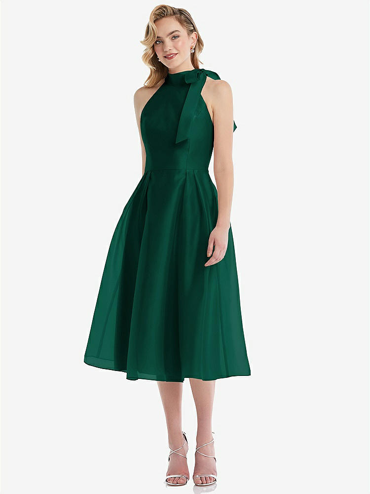 【STYLE: D833】Scarf-Tie High-Neck Halter Organdy Midi Dress【COLOR: Hunter Green】