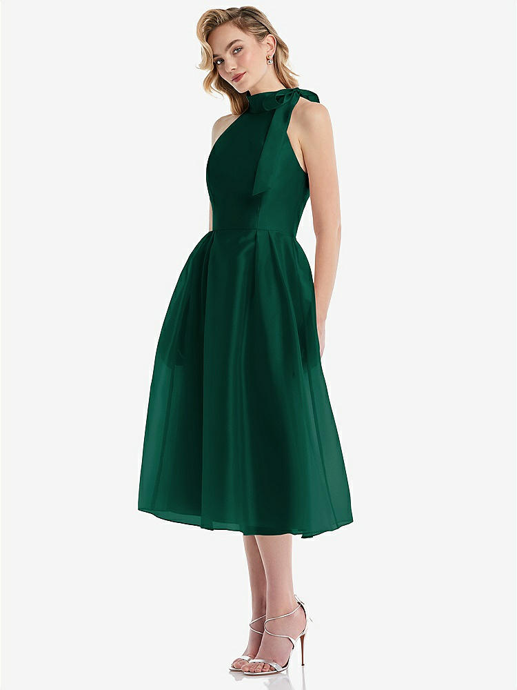 【STYLE: D833】Scarf-Tie High-Neck Halter Organdy Midi Dress【COLOR: Hunter Green】