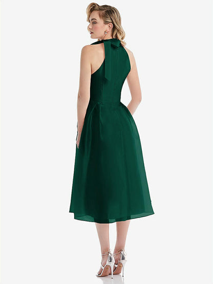 【STYLE: D833】Scarf-Tie High-Neck Halter Organdy Midi Dress【COLOR: Hunter Green】
